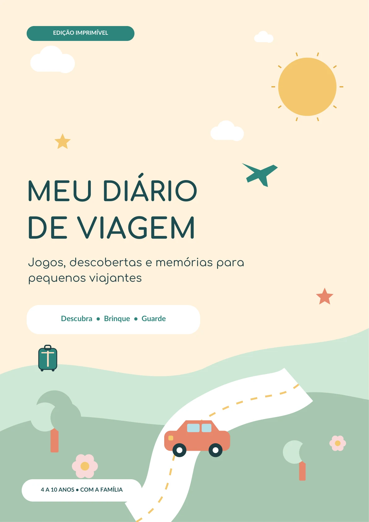 Capa ilustrada do PDF Meu Diário de Viagem, com estradinha, carro, sol e paisagem